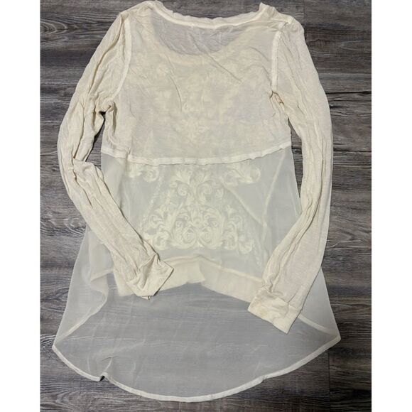 MNK Tunic M Cream Sheer Long Sleeve White Floral Applique Cottagecore Bohochic - Picture 6 of 7